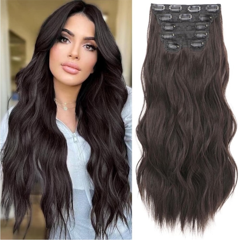 New 6PCS Clip in Hair Extensions, 20 Inch Wavy Dark Brown Natural Hairpieces NEW